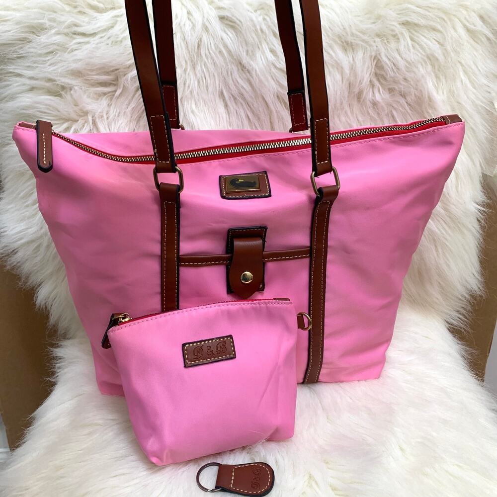 D&B (READ!) Pink Light Weight Nylon ZT Shoulder Tote w/Accessory Case& Key Ring